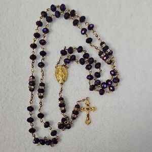 Gold-Tone Rosary Necklace with Deep Purple Beads